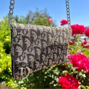 Christian Dior Saddle Flap Wallet with Chain Monogram Grey and Black with Silver